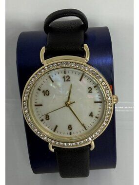 Gold Plated Rhinestone Watch – Mother of Pearl Face With Black Wrap Leather Band